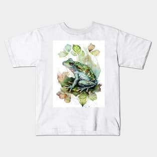 A Green Frog Sitting on a Leaf Watercolor Design Kids T-Shirt